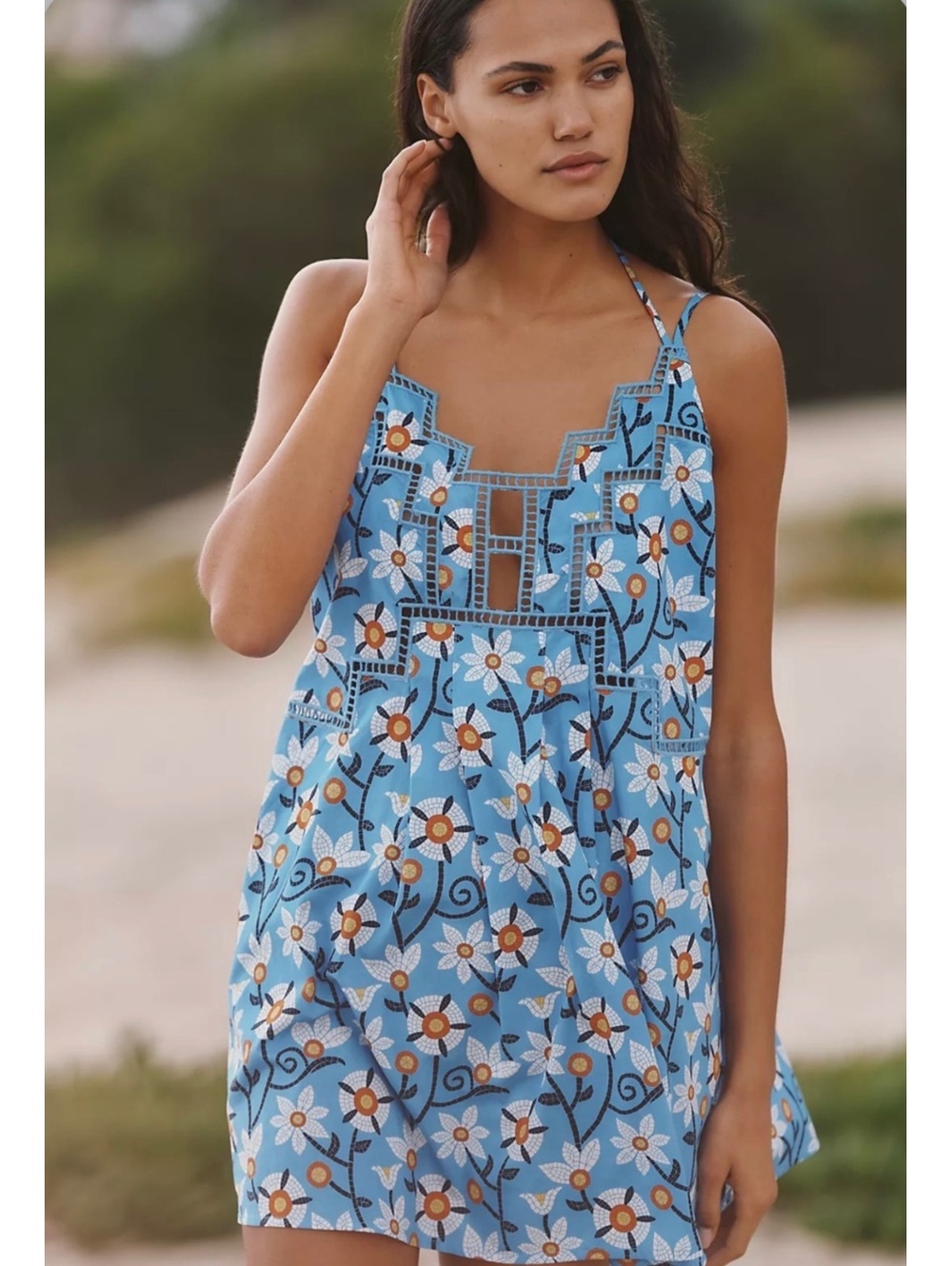 Anthropologie Celandine Blue Floral Cutout Mini Dress XS